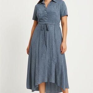 Bohme Sz Medium Womens Blue White Collared Dress Asymmetrical Hem
